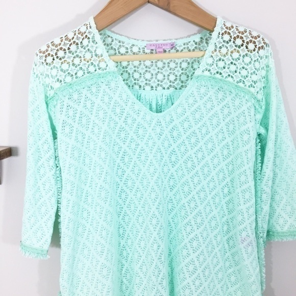 Calypso‎ St. Barth Mint Aqua Fringe Crochet Shirt - Picture 3 of 8